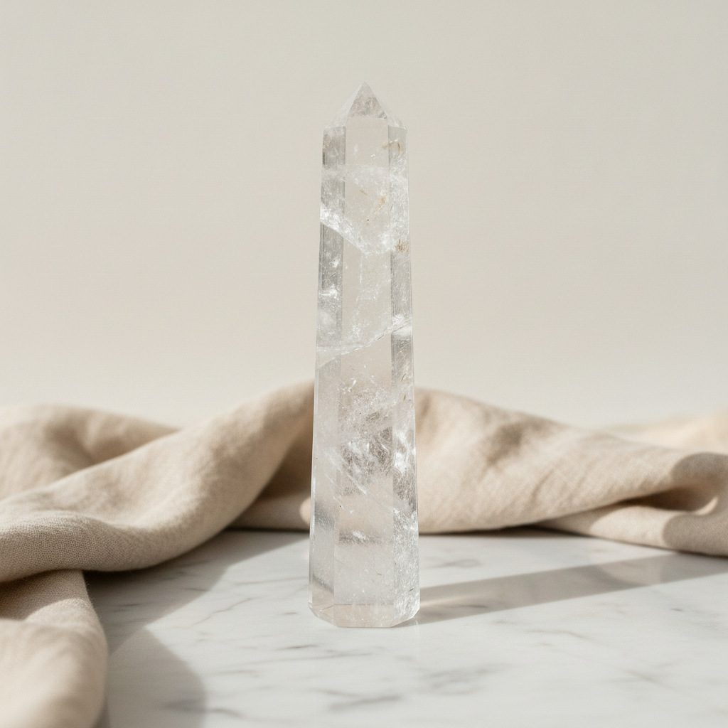 Tall six-sided clear quartz obelisk point