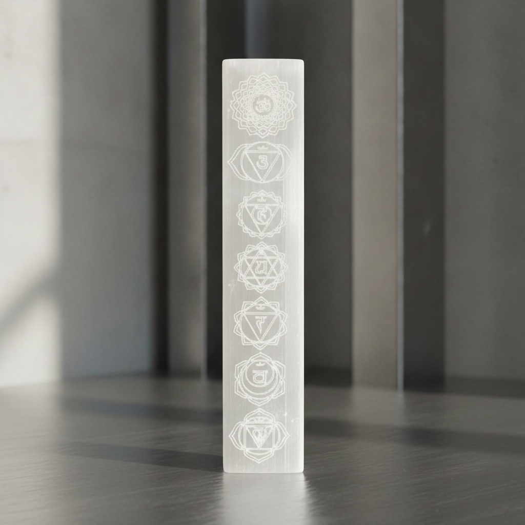 Flat bar selenite charging plate engraved with the seven chakra symbols, standing upright in soft window light