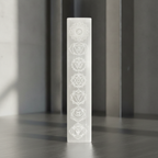 Flat bar selenite charging plate engraved with the seven chakra symbols, standing upright in soft window light