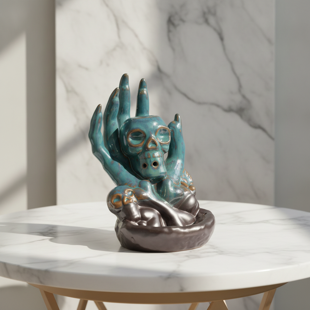 Skull in hand backflow incense burner on a marble table with a marble wall behind
