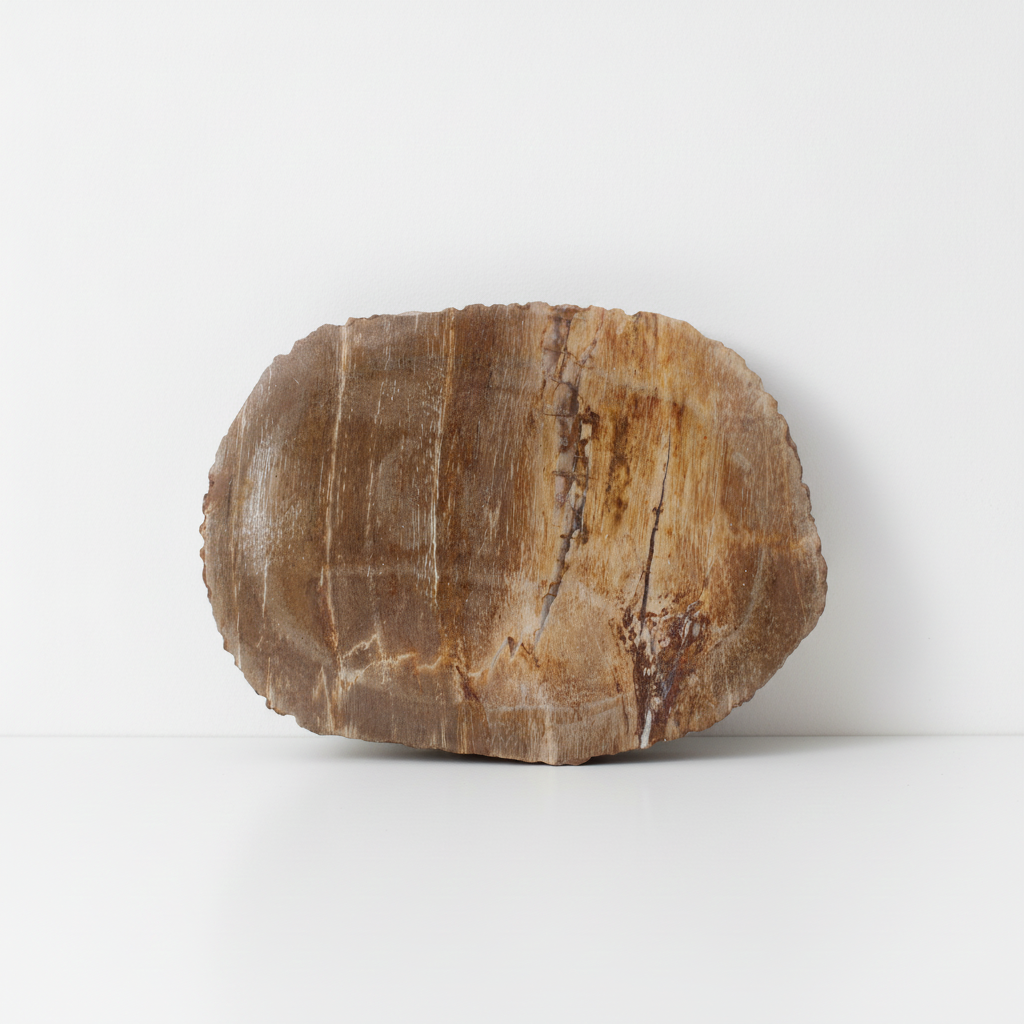 Petrified wood soap dish on a clean white surface against a white wall