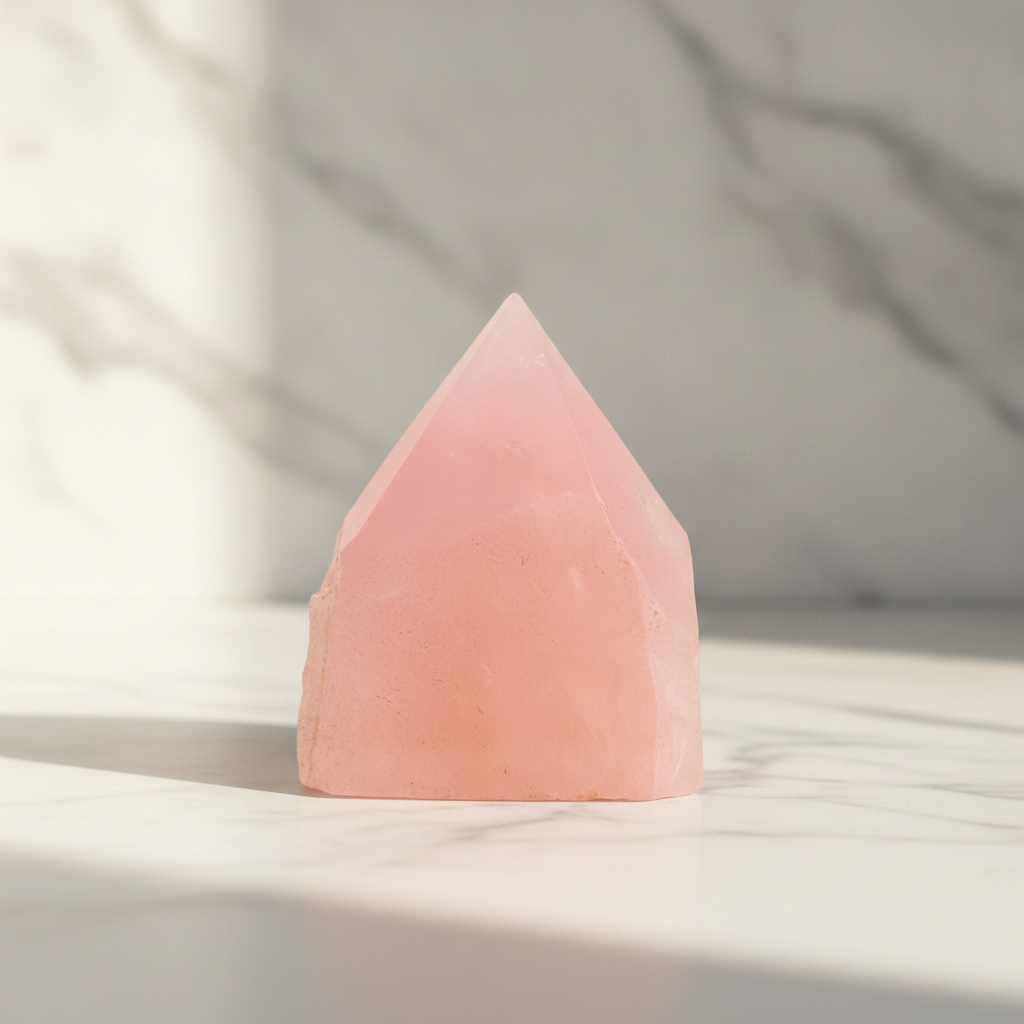 Rose quartz top polished points on a marble table with a marble wall behind