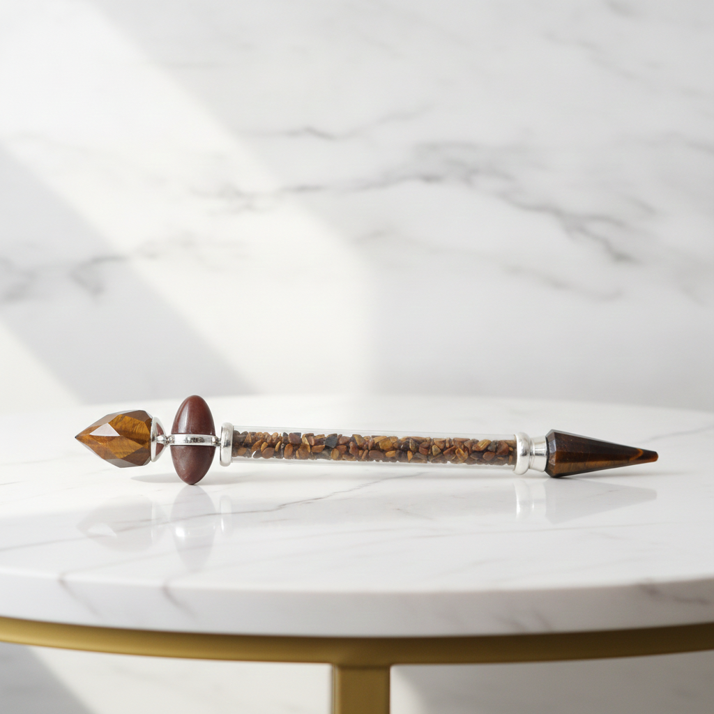 Tiger eye shiva lingam wand on a marble table with a marble wall behind