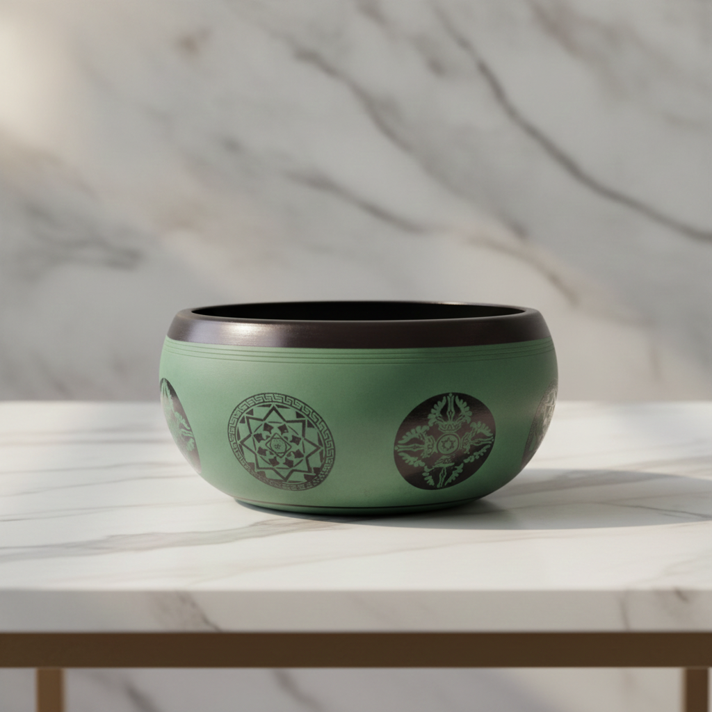 Earth powder singing bowl with mandala buddha on a marble table with a marble wall behind