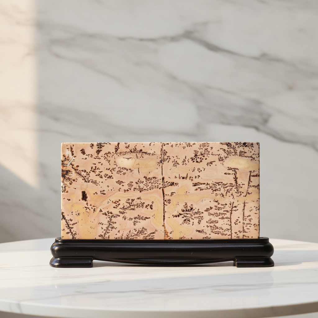 Guohua picture stone landscape on a marble table with a marble wall behind