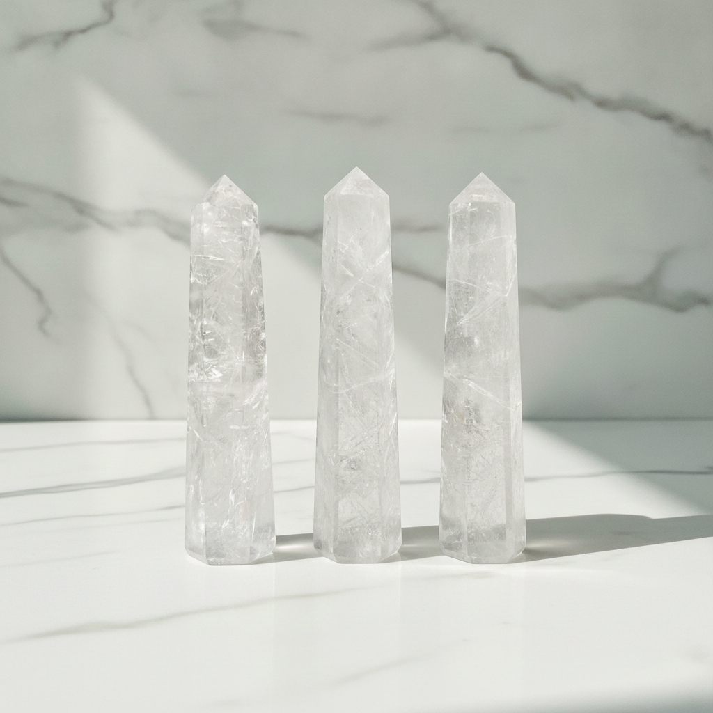 Clear quartz six face obelisk points on a marble table with a marble wall behind