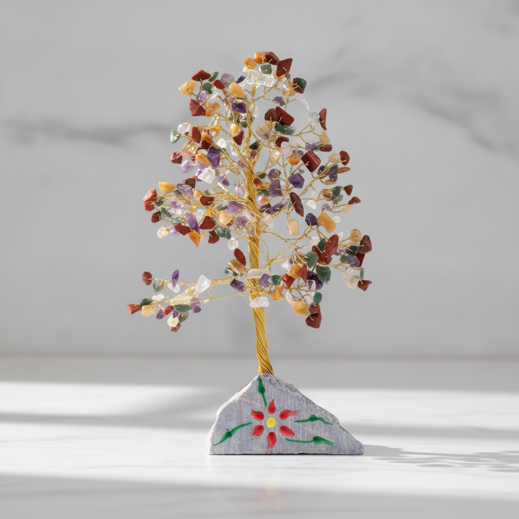 Multi gemstone tree with 320 stones on a marble table with a marble wall behind