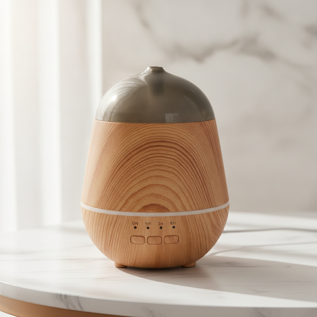 Marseille wood-effect aroma diffuser on a marble table with a marble wall behind