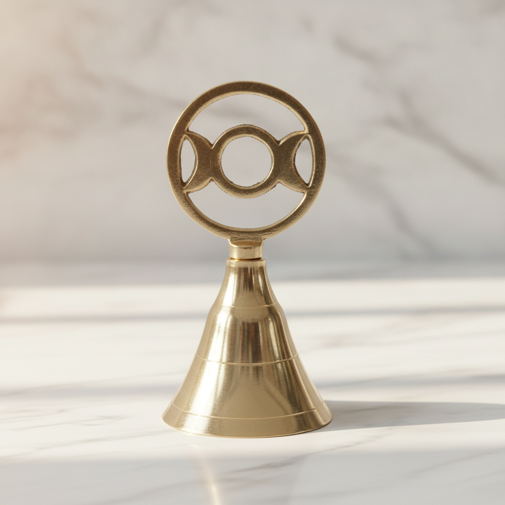 Triple moon brass altar bell on a marble table with a marble wall behind