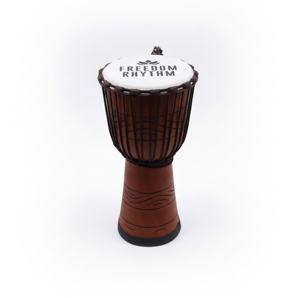 Large freedom rhythm djembe drum on a clean white surface against a white wall
