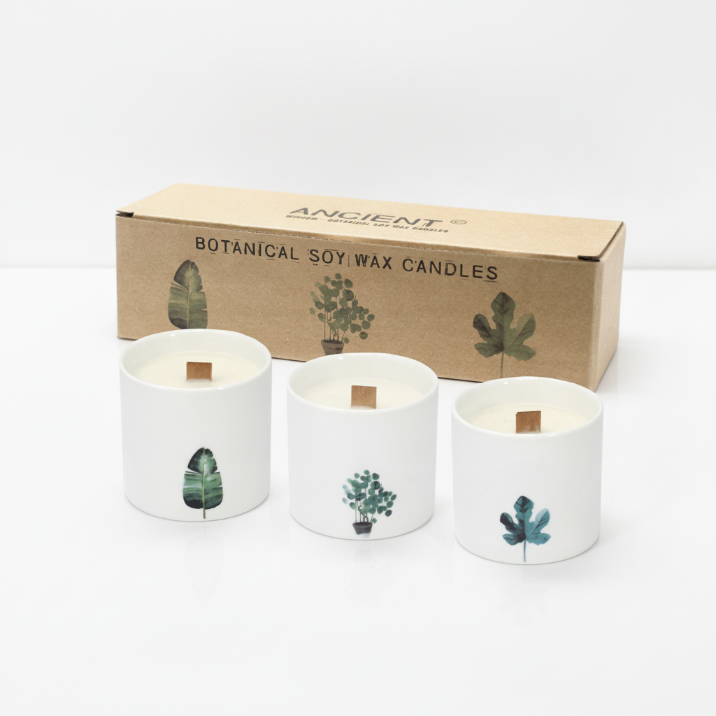 Set of 3 marsh viola botanical candles on a clean white surface against a white wall