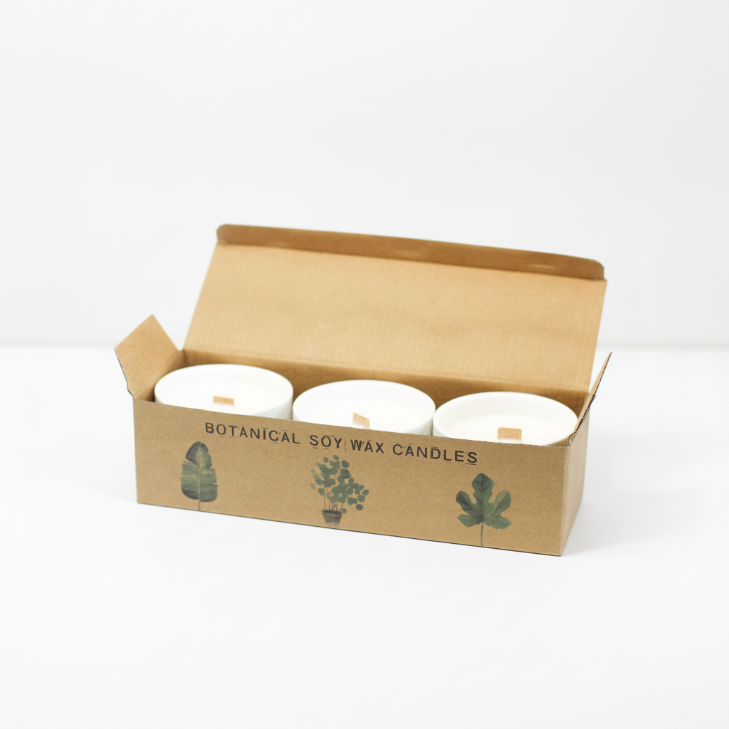 Set of 3 marsh viola botanical candles on a clean white surface against a white wall