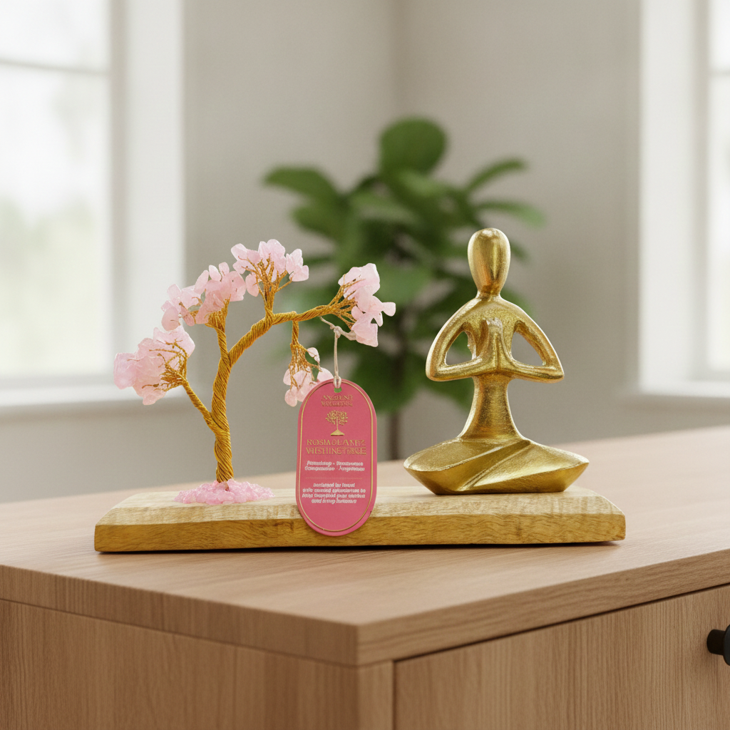 Rose quartz gemstone yoga garden with brass namaste figure on an oak sideboard in a bright living room