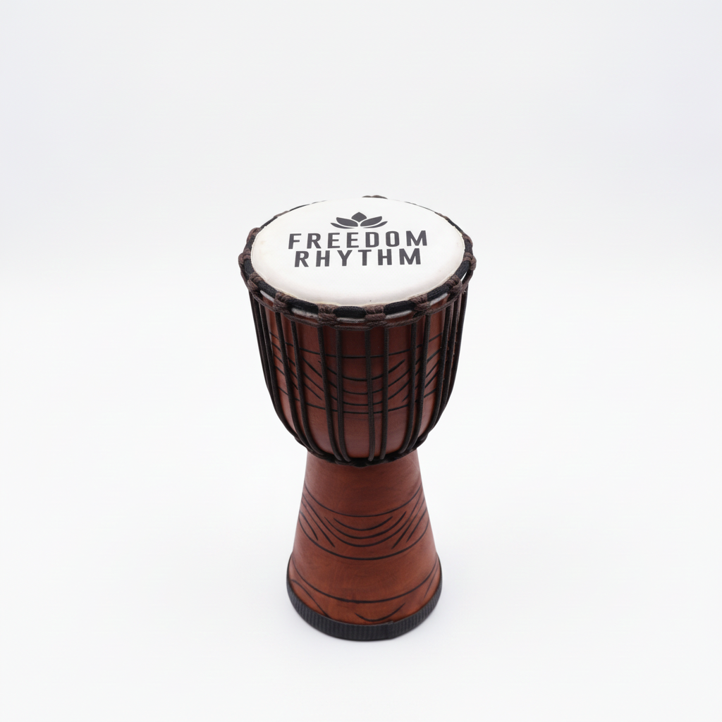 Medium freedom rhythm djembe drum on a clean white surface against a white wall