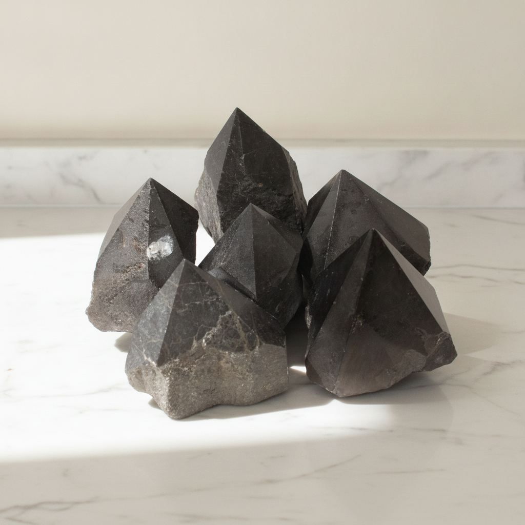 Polished black tourmaline crystal points grouped together on natural linen - view 2