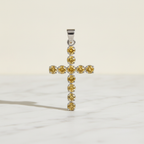Silver-plated crucifix pendant set with golden citrine-coloured stones, on linen - view 2