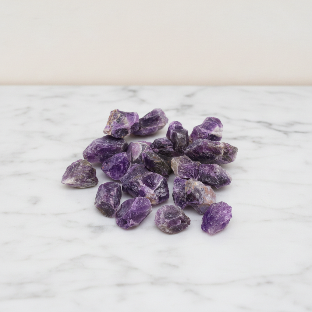 A spread of rough amethyst chunks in deep purple on cotton canvas - view 2