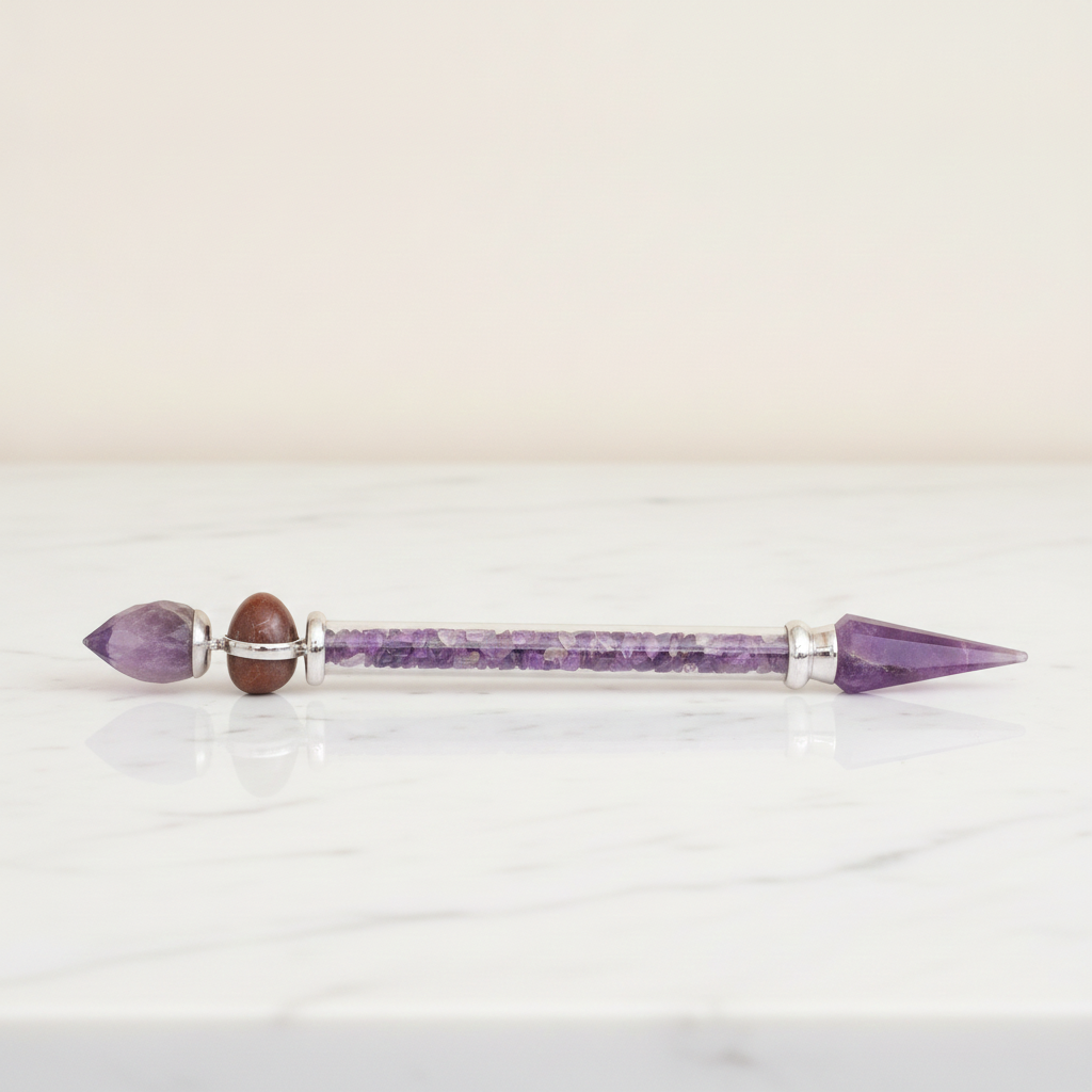 Amethyst shiva lingam wand with silver collars, lying on cotton-rag paper - view 2