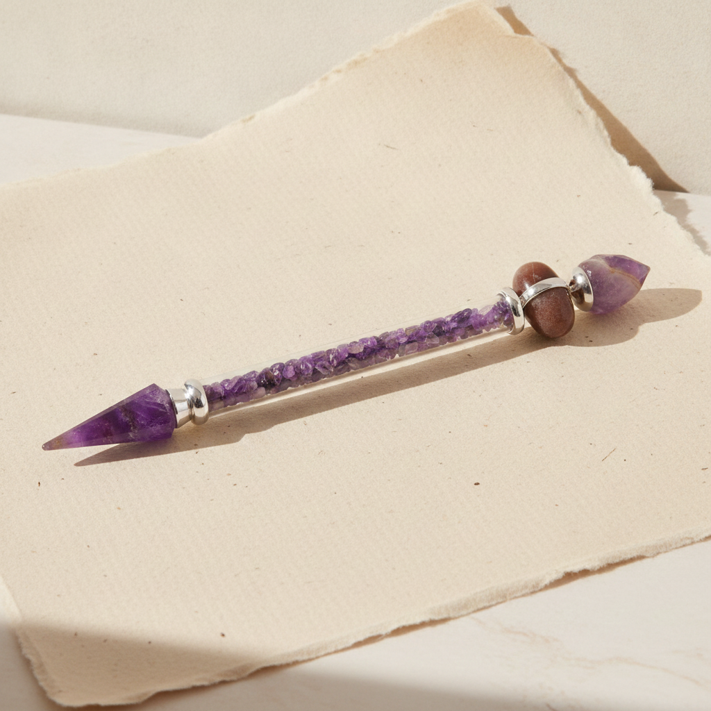 Amethyst shiva lingam wand with silver collars, lying on cotton-rag paper
