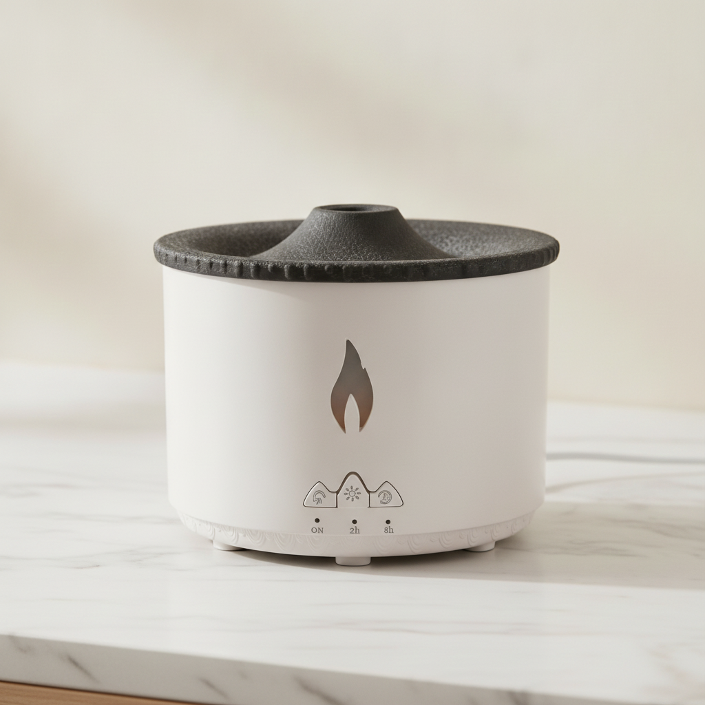 White volcano flame aroma diffuser with a textured dark lid, on cotton canvas - view 2