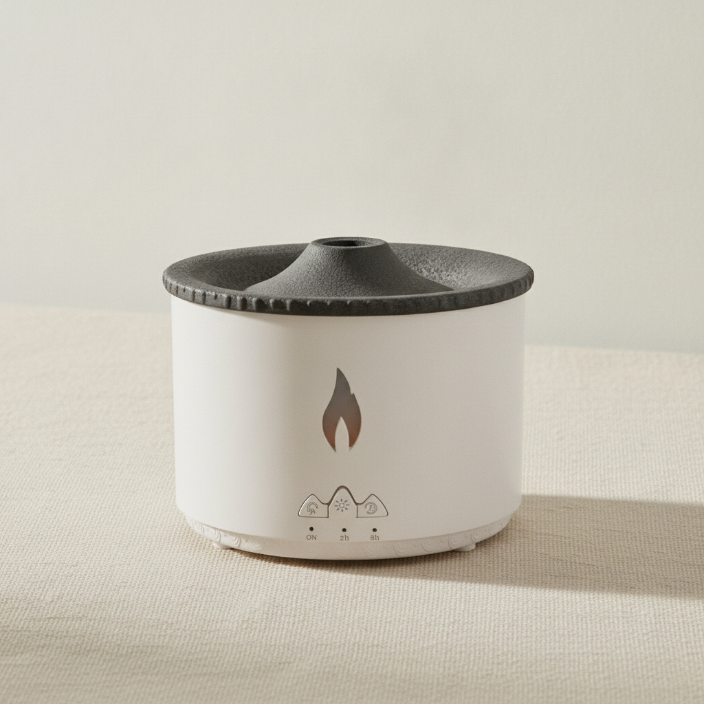 White volcano flame aroma diffuser with a textured dark lid, on cotton canvas