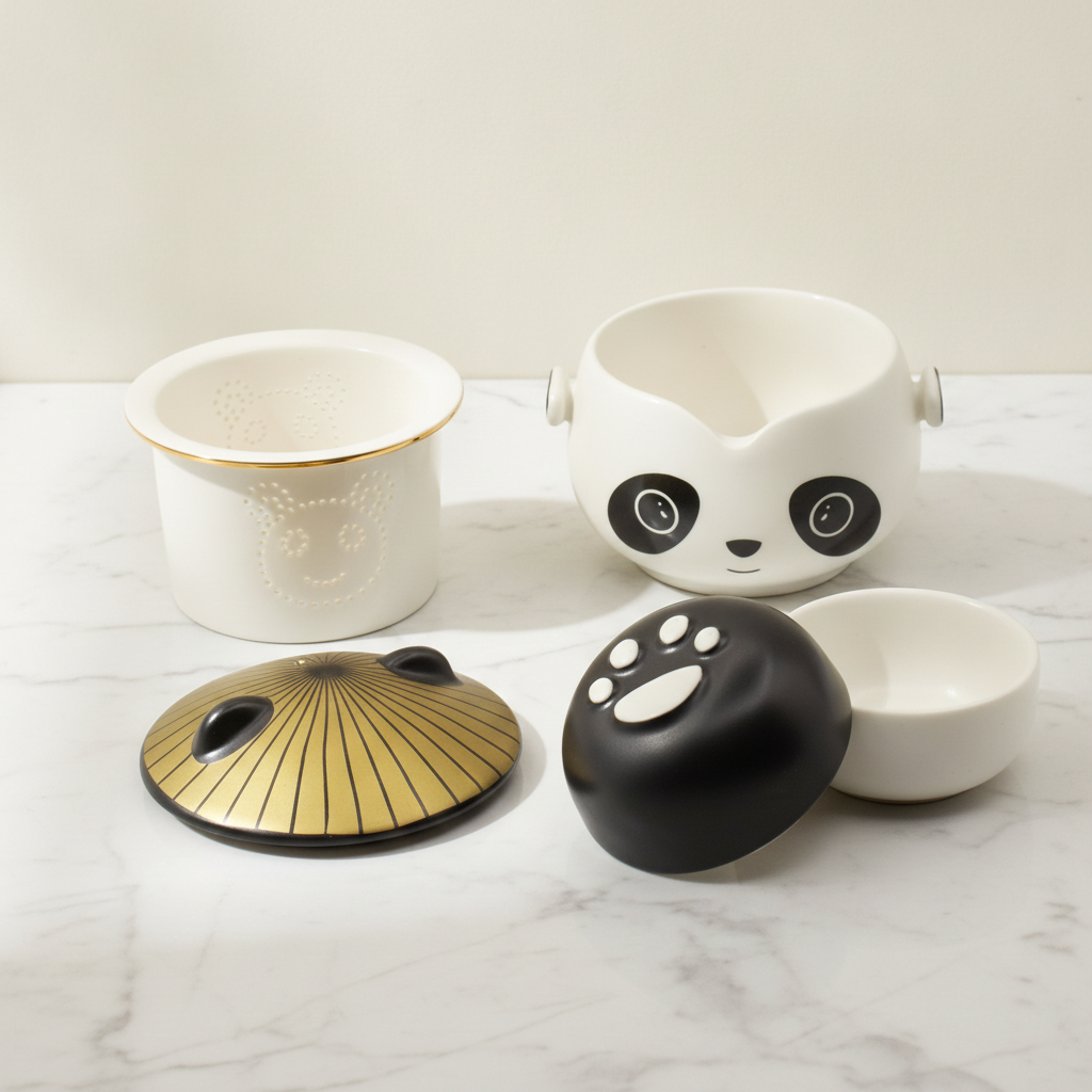 Panda-faced ceramic teapot with two cups and a golden hat lid, on cotton canvas