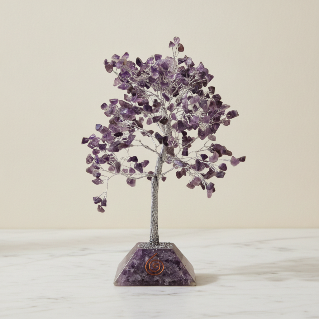 Amethyst chipstone tree on a purple orgonite base, on cotton-rag paper - view 2