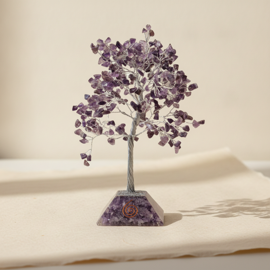 Amethyst chipstone tree on a purple orgonite base, on cotton-rag paper