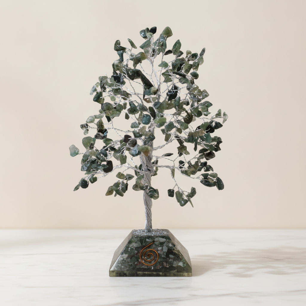 Moss agate chipstone tree on a speckled orgonite base, on rumpled linen - view 2