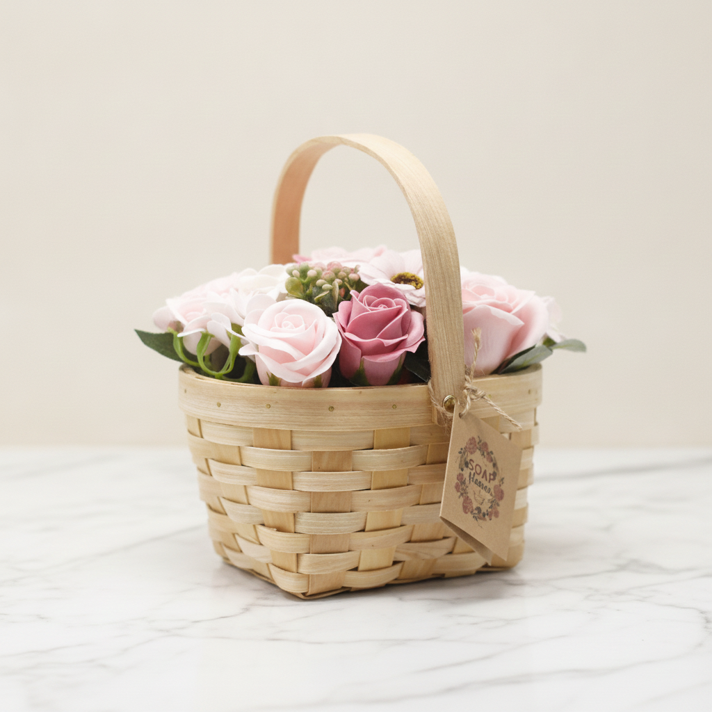 Pink and blush soap roses in a woven wicker basket with a tag, on rumpled linen - view 2