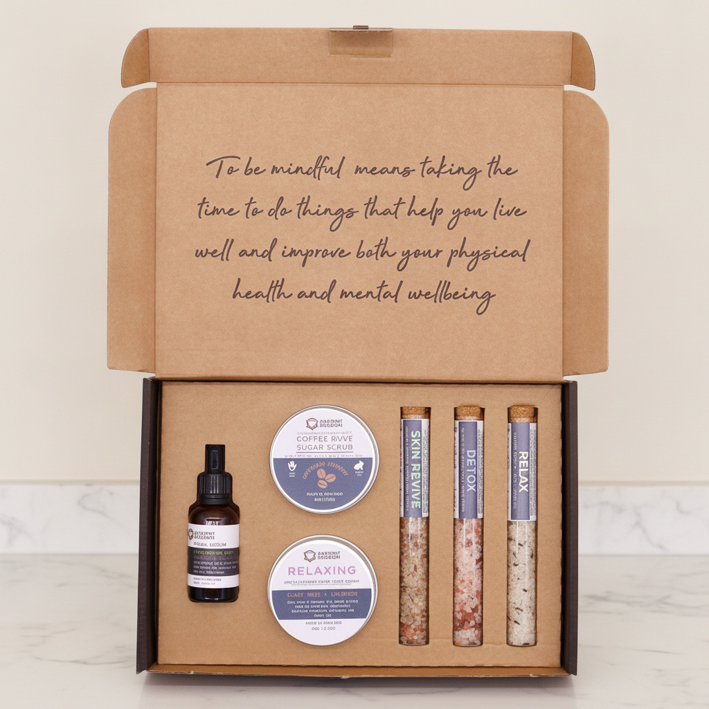 Kraft self-care kit box open flat, showing scrub tins, serum bottle and bath salt tubes - view 2