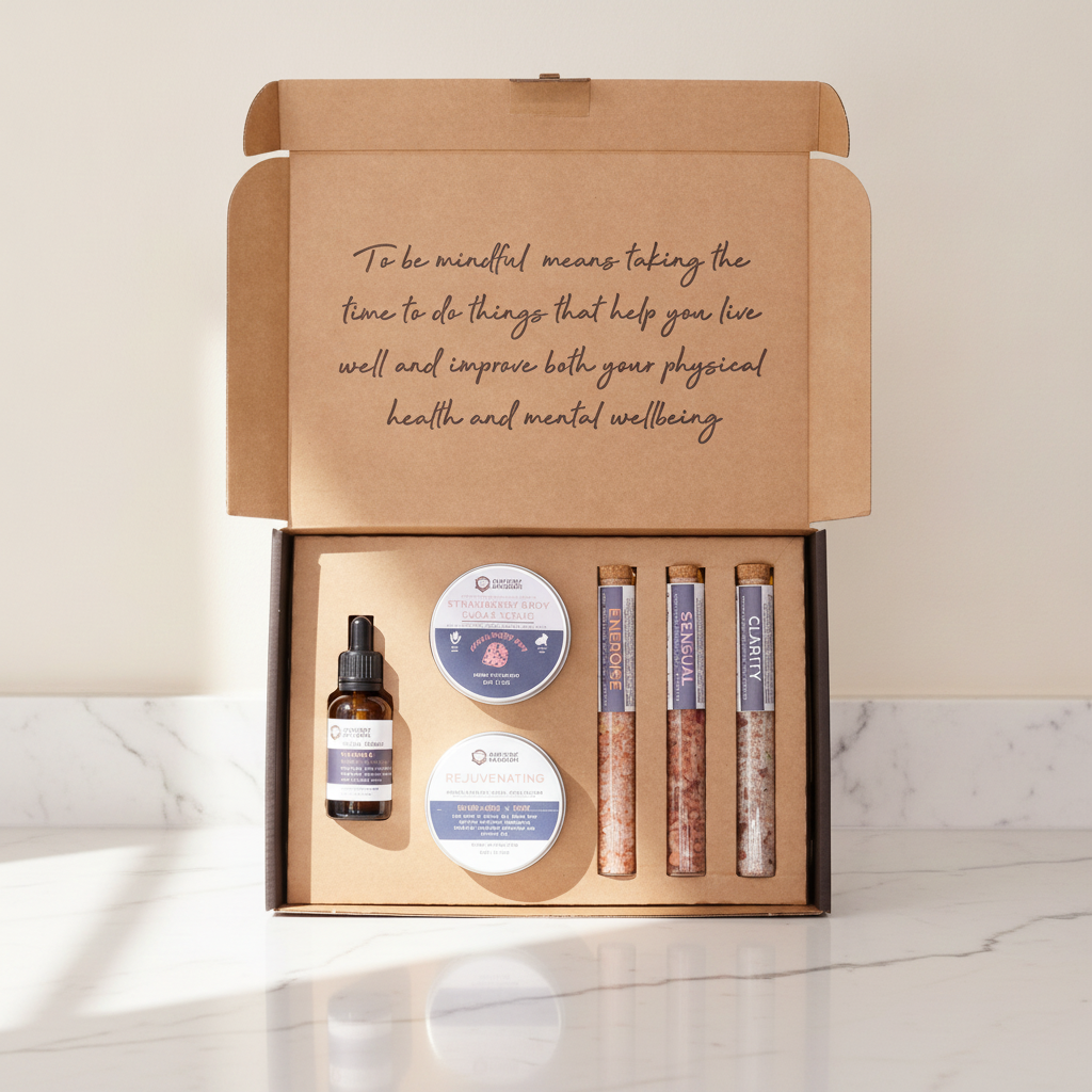 Dark self-care kit box lying flat and closed on rumpled linen - view 2