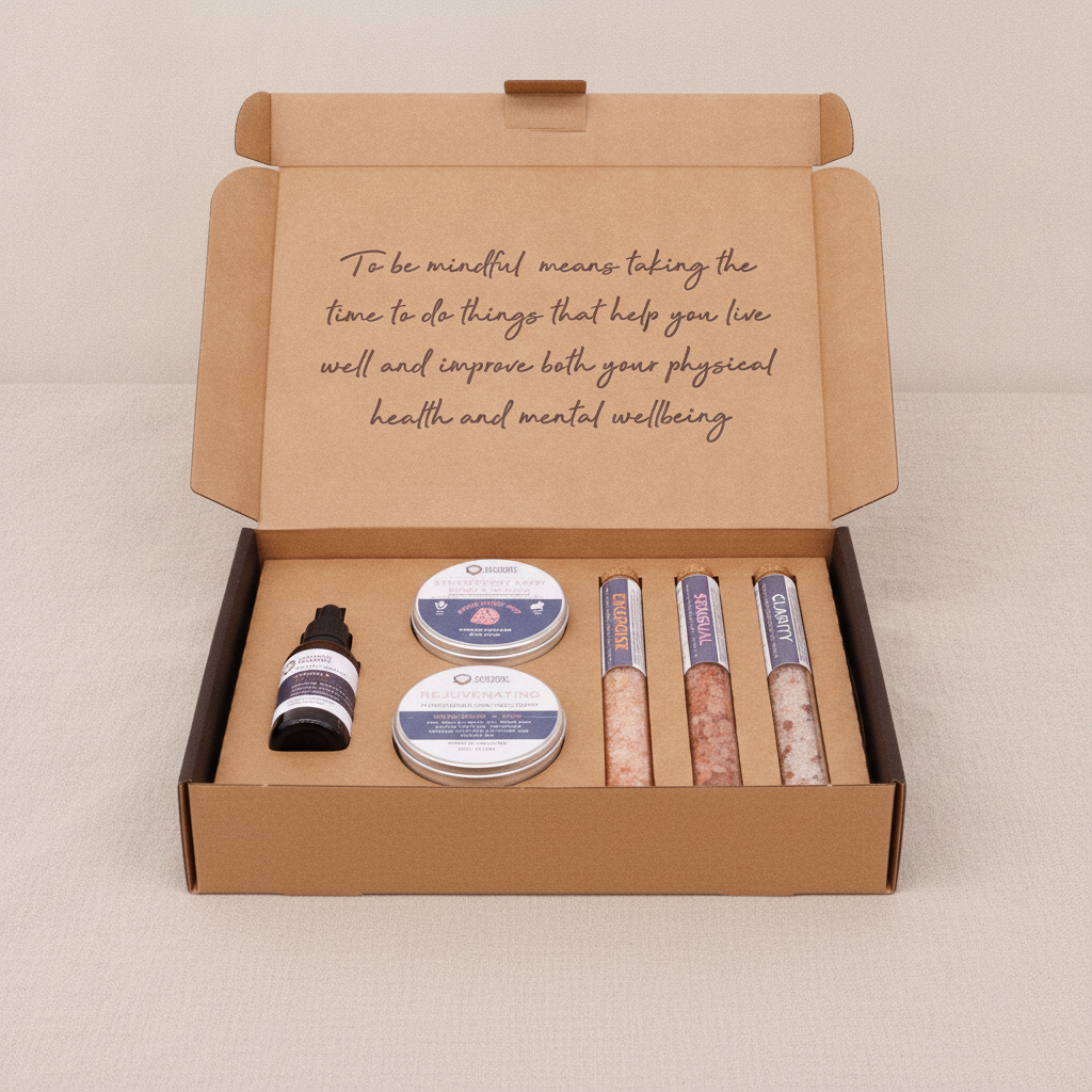 Dark self-care kit box lying flat and closed on rumpled linen