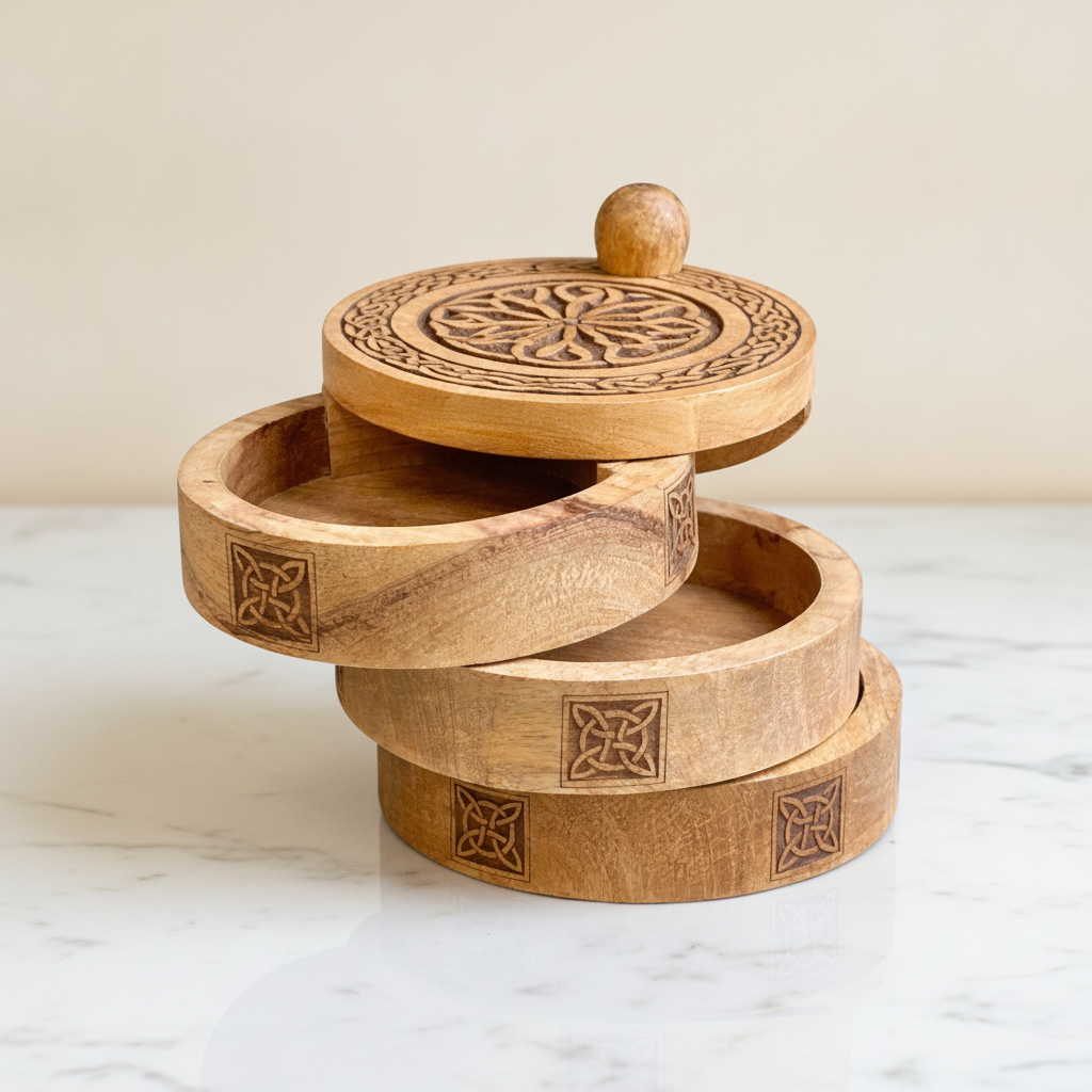 Carved wooden Celtic box with its three tiers fanned open, on cotton-rag paper