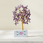 Small amethyst chipstone tree on a hand-painted stone base, on rumpled linen - view 2