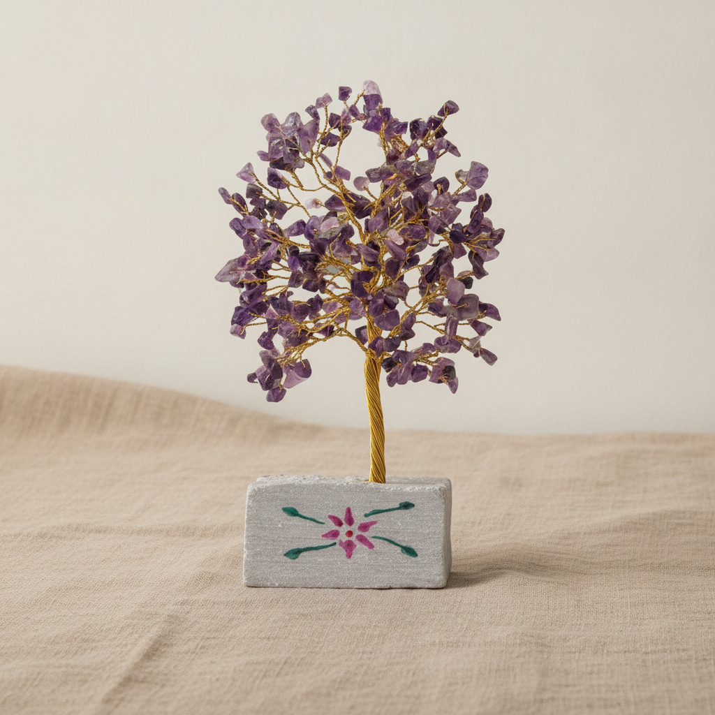 Small amethyst chipstone tree on a hand-painted stone base, on rumpled linen