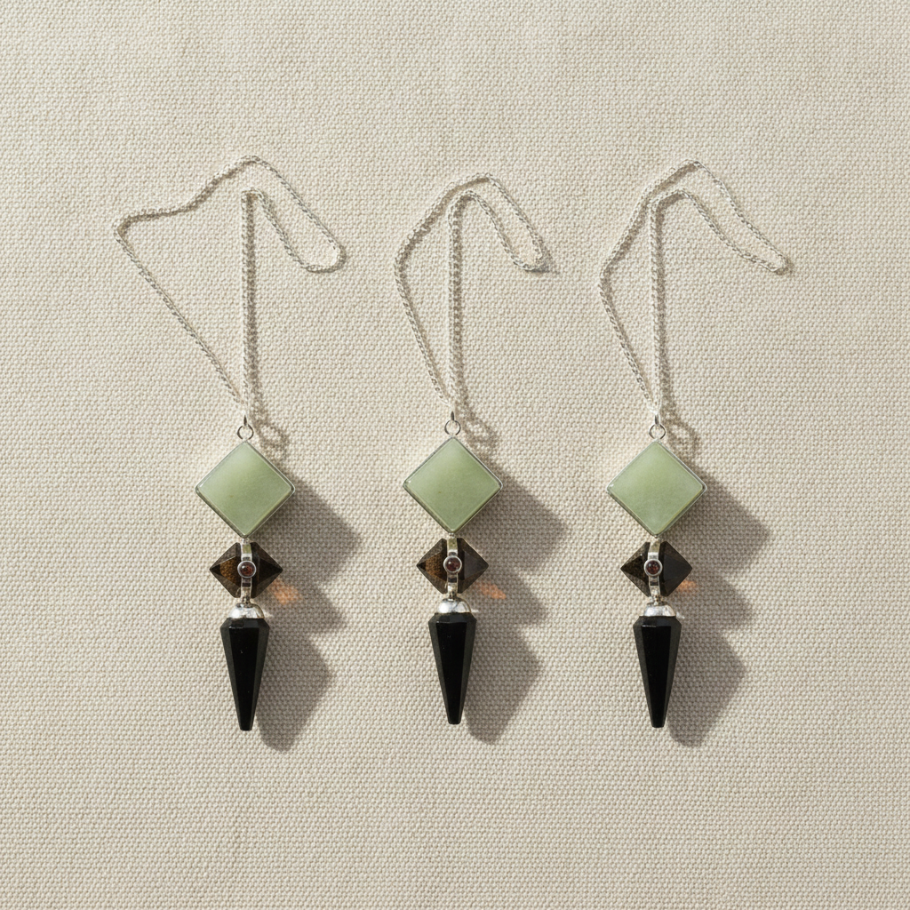 Three pendulums in green aventurine, tiger eye and black agate hanging side by side