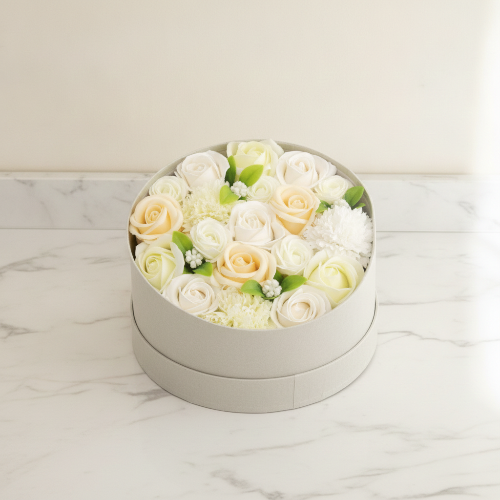 Round box packed with white and ivory soap roses, seen from above on cotton-rag paper - view 2