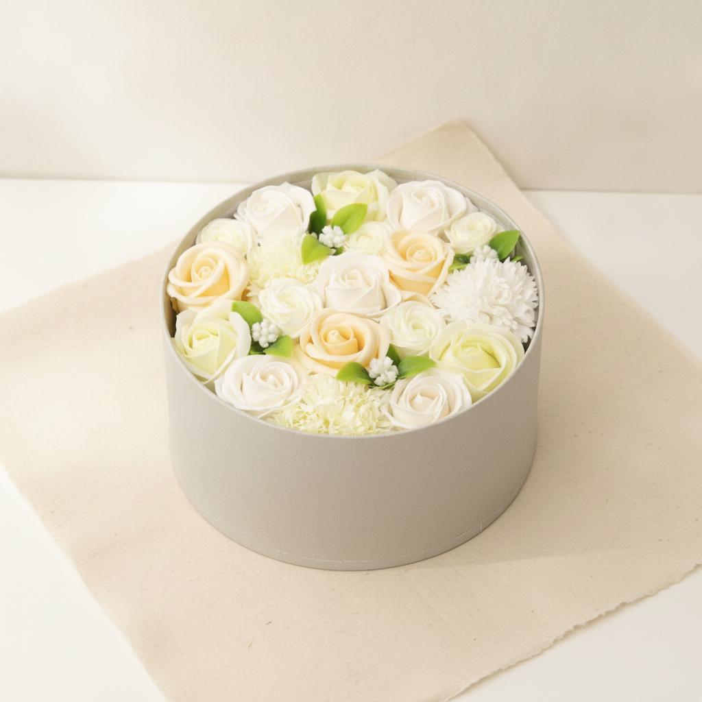 Round box packed with white and ivory soap roses, seen from above on cotton-rag paper