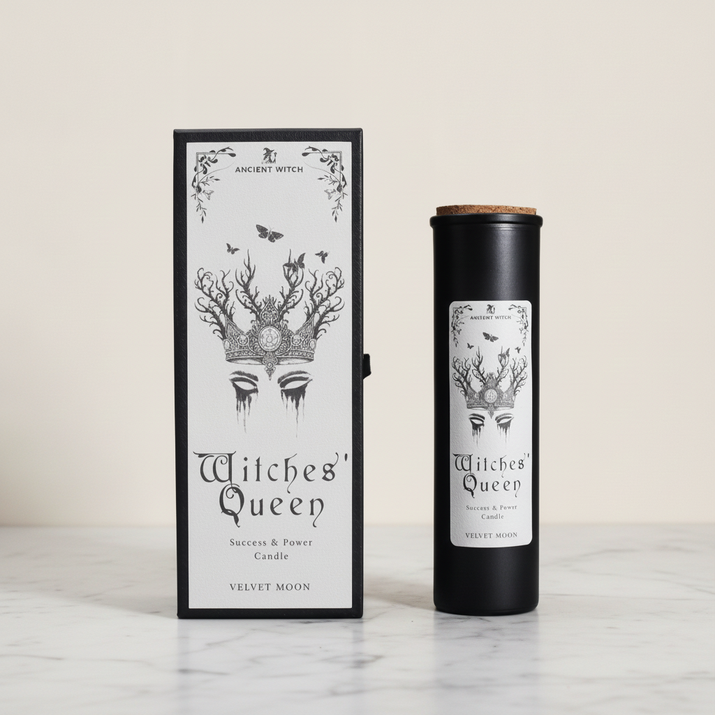 Black Witches' Queen candle tube beside its illustrated box, on cotton canvas - view 2