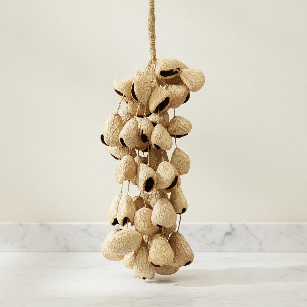 Strand of pangi seed shells hanging vertically from its cord against a pale wall - view 2