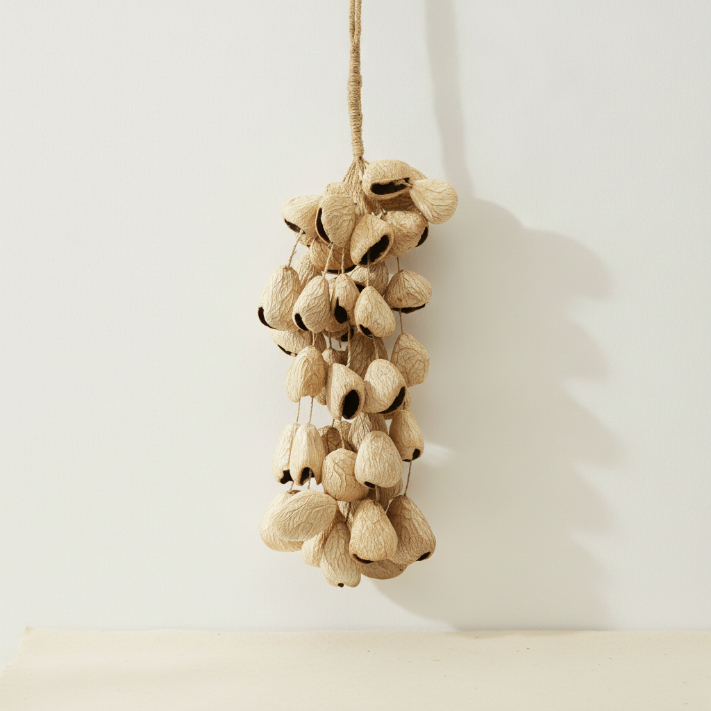 Strand of pangi seed shells hanging vertically from its cord against a pale wall