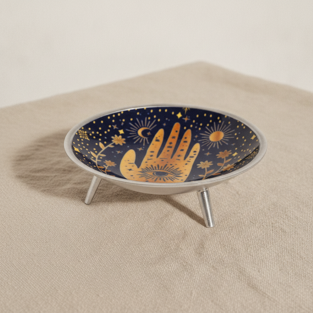 Midnight blue enamelled dish with a golden hamsa hand, standing on three legs