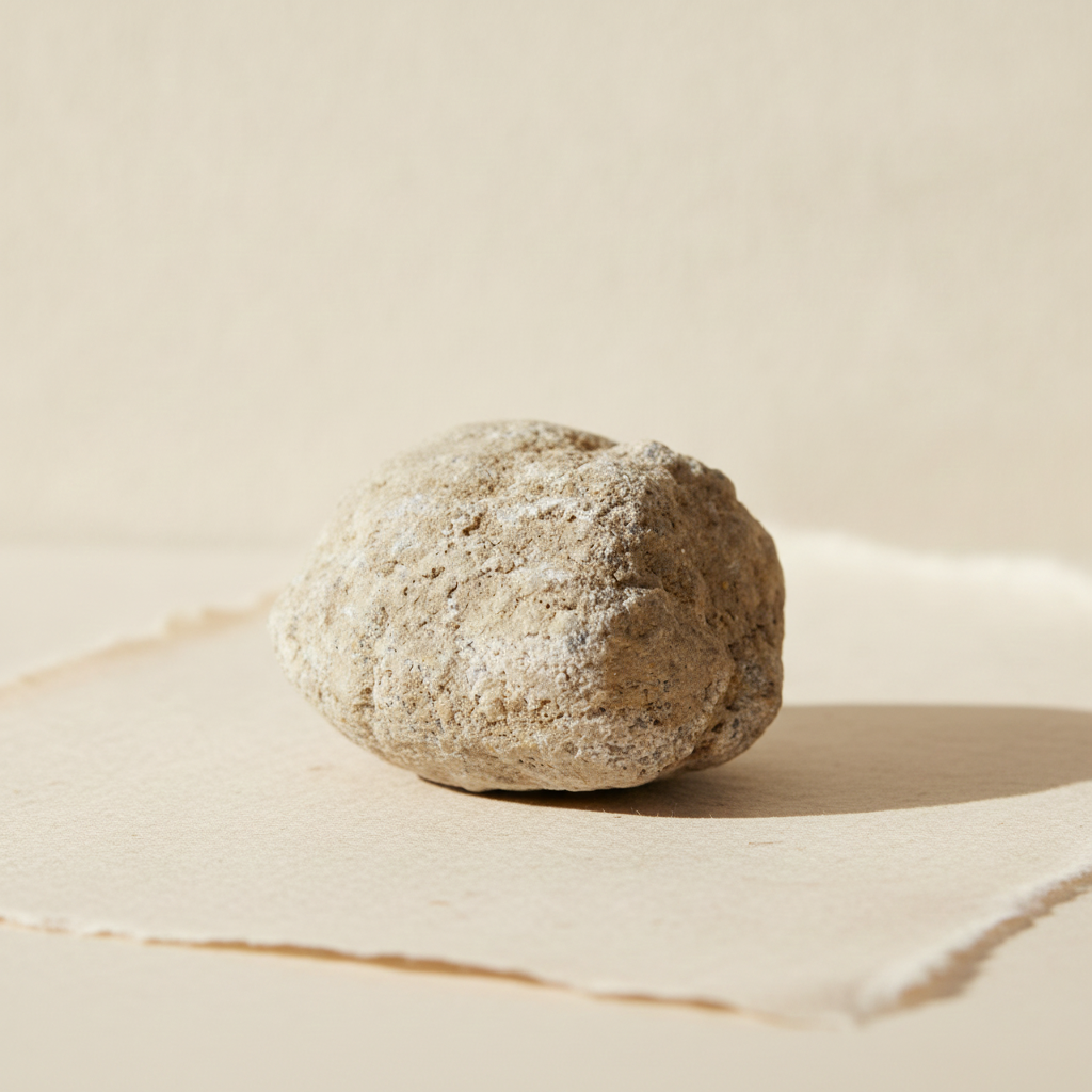 A rough unopened calcite geode resting on cotton-rag paper