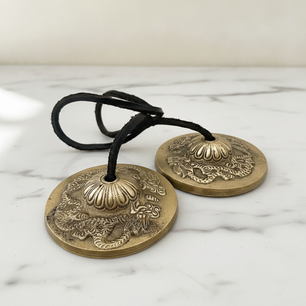 A pair of brass tingsha cymbals joined by a black cord, on cotton canvas
