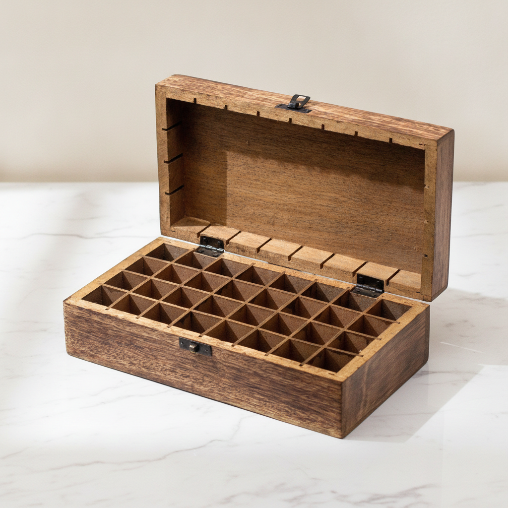 Carved mango wood box open to show the grid of 32 bottle compartments