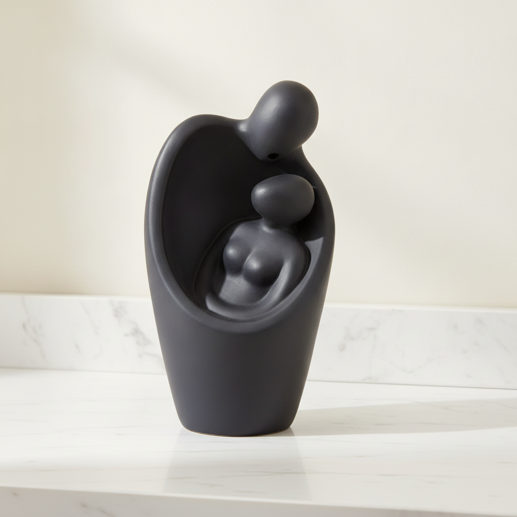 Matte black backflow burner shaped as two figures embracing, on rumpled linen - view 2