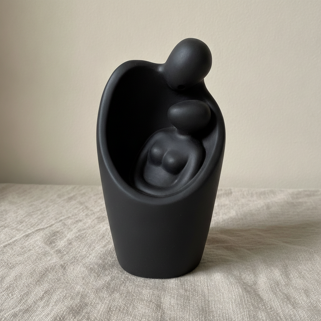 Matte black backflow burner shaped as two figures embracing, on rumpled linen