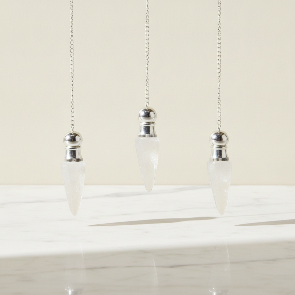 Three clear quartz pendulums with silver caps hanging from fine chains - view 2