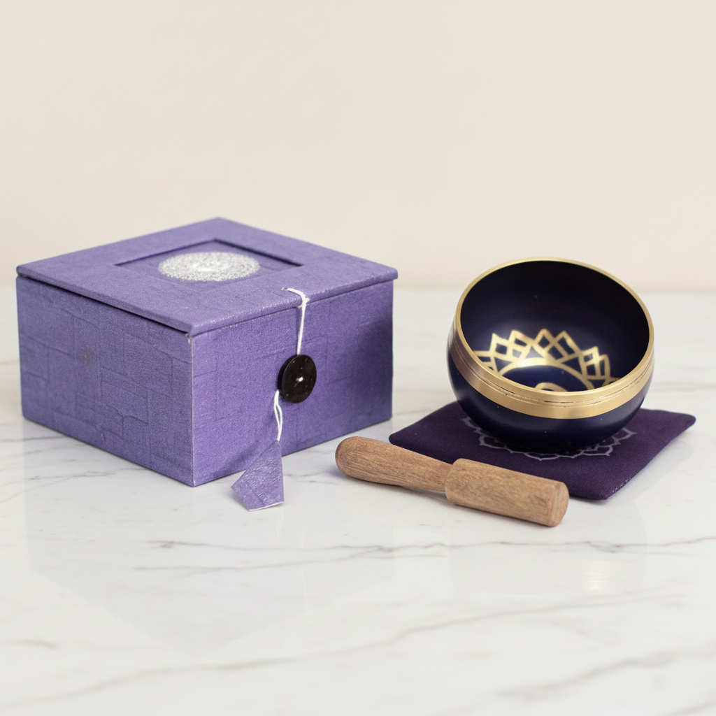 Brass and black singing bowl with striker, purple cushion and lilac box - view 2